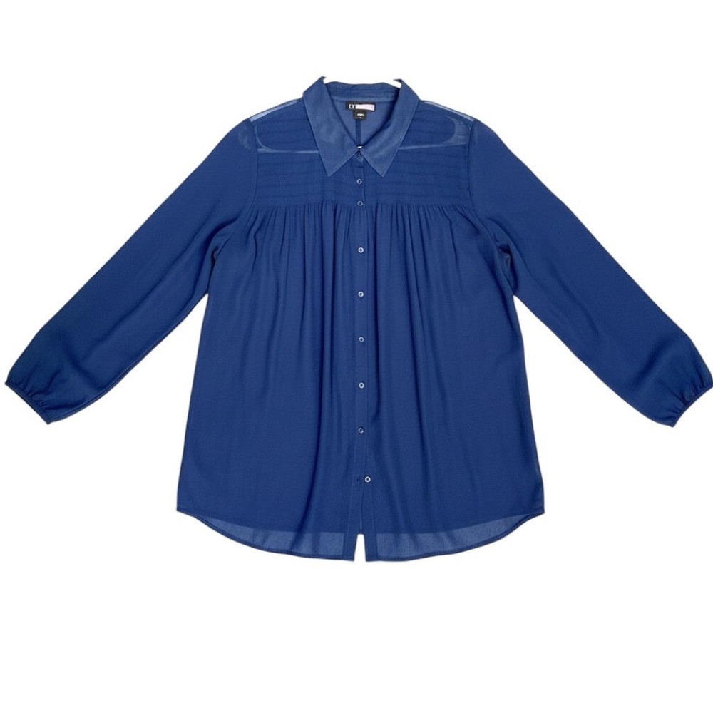 Dressbarn Sheer Blouse Cami Set Womens 1X Smocked Chiffon Button Up Top Navy XL